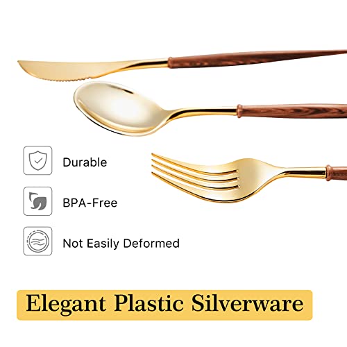 120pcs Gold Disposable Cutlery Set with Wood Grain