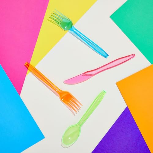 Juvale Neon Rainbow Plastic Silverware Set, 144 Pieces