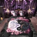 Dragon Yin Yang Queen Bedding Set with Cherry Blossoms