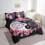 Dragon Yin Yang Queen Bedding Set with Cherry Blossoms