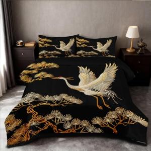 Japanese Style Black and Gold Queen Comforter Set