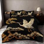 Japanese Style Black and Gold Queen Comforter Set