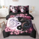 Dragon Yin Yang Queen Bedding Set with Cherry Blossoms