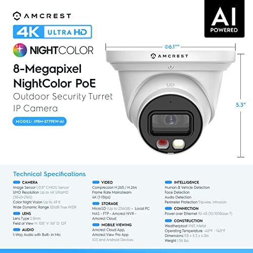Rawrr 4K PoE AI Security Camera with Nightcolor