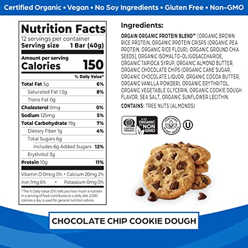 Orgain Chocolate Chip Plant Protein Bars, 40g, 12-Pack