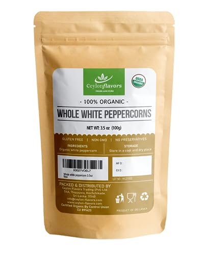 Organic White Peppercorns - Premium Quality - 3.5 oz