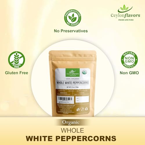 Organic White Peppercorns - Premium Quality - 3.5 oz
