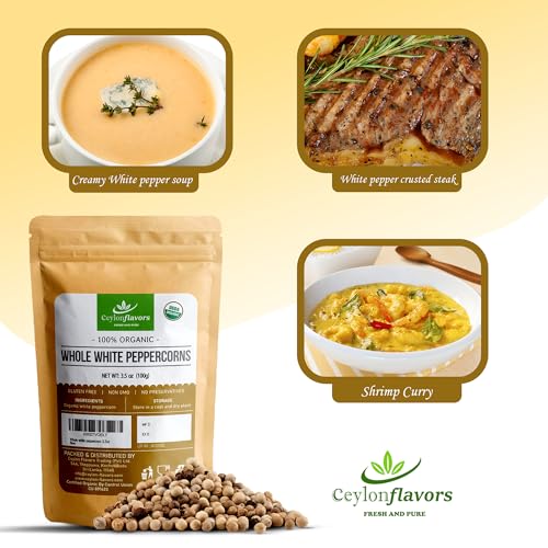 Organic White Peppercorns - Premium Quality - 3.5 oz