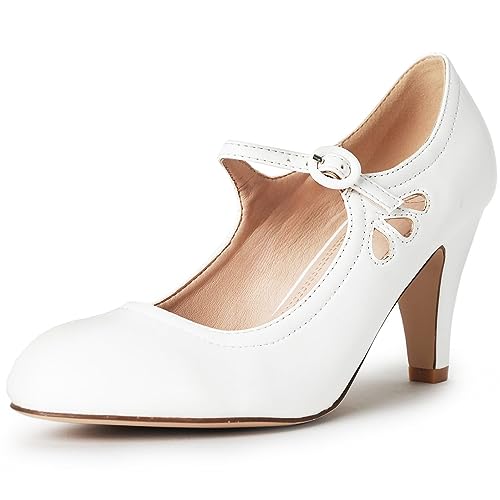 Mary Jane Kitten Heels with Ankle Strap - White