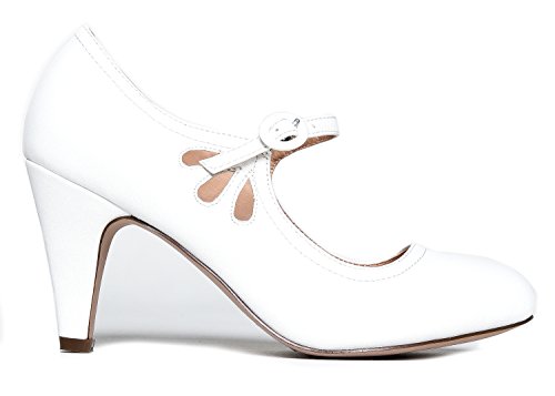 Mary Jane Kitten Heels with Ankle Strap - White