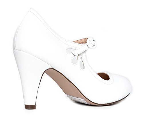 Mary Jane Kitten Heels with Ankle Strap - White