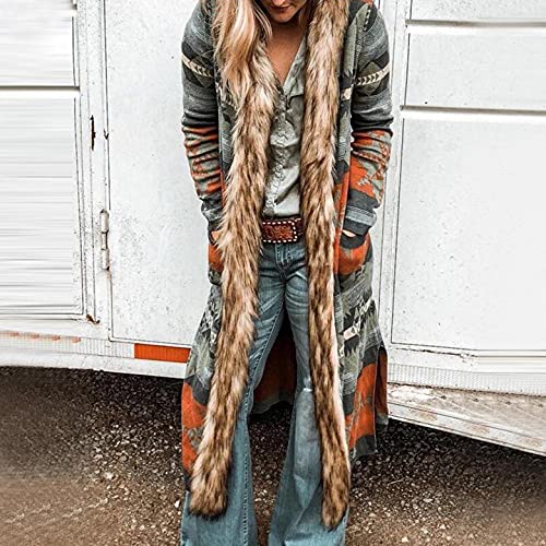 Boho Vintage Long Orange Cardigan with Hoodie