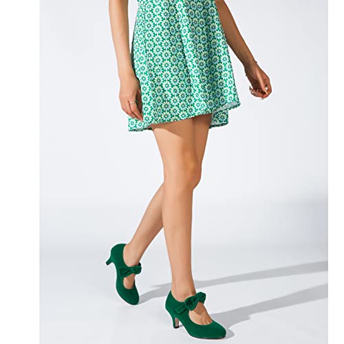 Green Mary Jane Kitten Heel Pumps with Bow