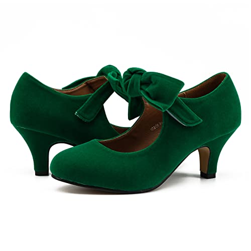 Green Mary Jane Kitten Heel Pumps with Bow
