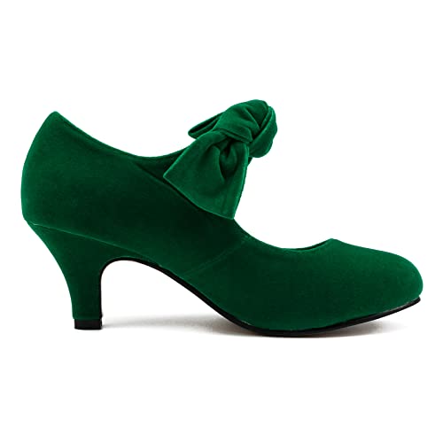 Green Mary Jane Kitten Heel Pumps with Bow