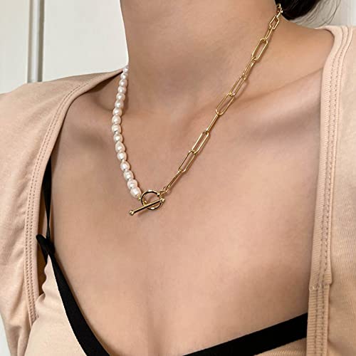 Chunky Pearl Necklace with Gold Chain Charm