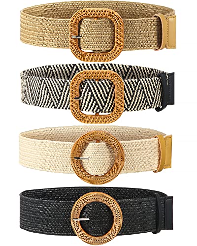 Straw Woven Elastic Skinny Belt with Wooden Buckle