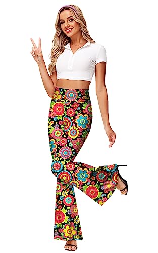 Deerose Black Floral High Waist Bell Bottoms