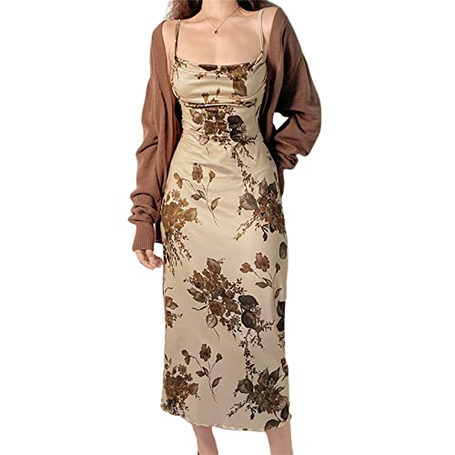 Floral Print Sleeveless Vintage Maxi Dress in Khaki
