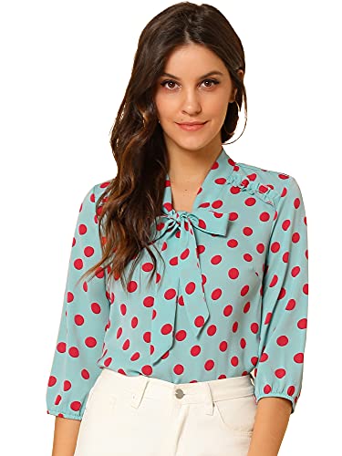 Lake Blue Polka Dot Ruffle Bow Tie Blouse