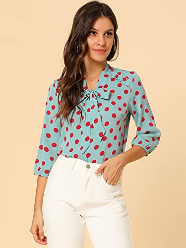 Lake Blue Polka Dot Ruffle Bow Tie Blouse