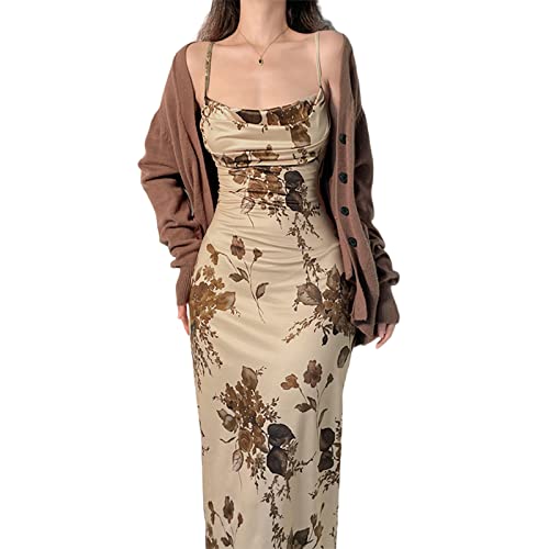 Floral Print Sleeveless Vintage Maxi Dress in Khaki