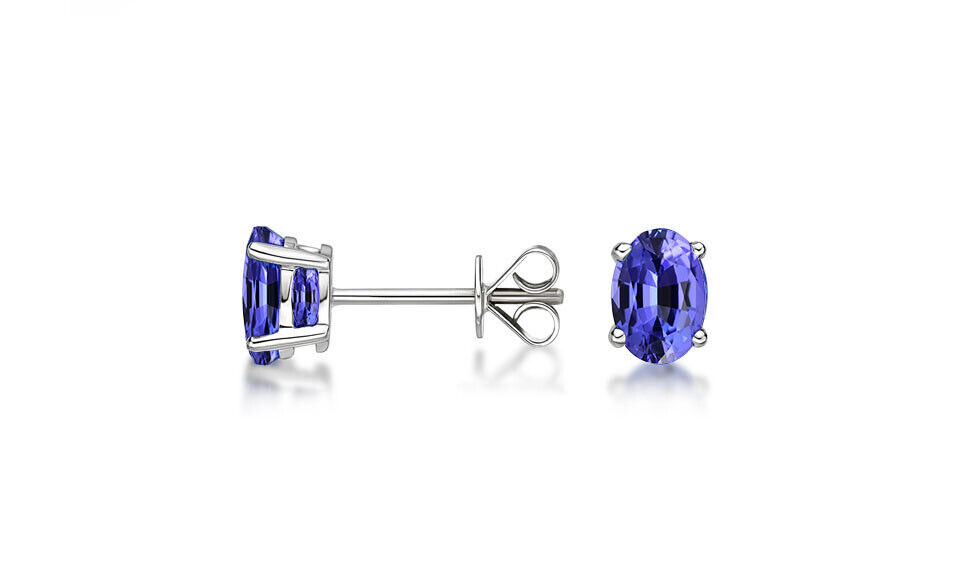 Genuine Tanzanite Oval Stud Earrings in Silver