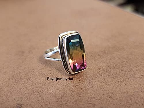 Colorful Tourmaline Quartz Silver Boho Ring, Size 7