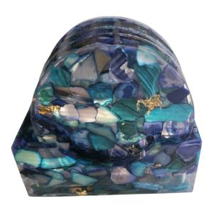 Set of 4 Drink Coasters Blue Color Natural Seashell Chips and Resin Holder