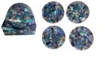 Set of 4 Drink Coasters Blue Color Natural Seashell Chips and Resin Holder