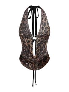 Verdusa Women's Cheetah Print Sequin Top Y2K Tie Back Corset Halter Going Out Crop Tops Brown Small
