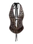Verdusa Women's Cheetah Print Sequin Top Y2K Tie Back Corset Halter Going Out Crop Tops Brown Small