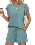 Ekouaer Two Piece Sets for Women Summer Crew Neck Lounge Short Sets Cap Sleeve Drawstring Vacation Outfits with Pocket Sage Green Medium