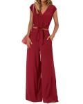PRETTYGARDEN Women's Summer 2 Piece Outfits 2026 Cap Sleeve V Neck Belted Crop Tops Wide Leg Pant Sets Casual Tracksuit(Solid Wine Red,Small)