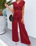 PRETTYGARDEN Women's Summer 2 Piece Outfits 2026 Cap Sleeve V Neck Belted Crop Tops Wide Leg Pant Sets Casual Tracksuit(Solid Wine Red,Small)