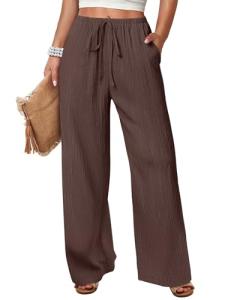 ANRABESS Women's Wide Leg Beach Pants Elastic Waist Lightweight Casual Flowy Palazzo Lounge Trousers with Pockets Brown Small