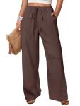 ANRABESS Women's Wide Leg Beach Pants Elastic Waist Lightweight Casual Flowy Palazzo Lounge Trousers with Pockets Brown Small