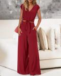 PRETTYGARDEN Women's Summer 2 Piece Outfits 2026 Cap Sleeve V Neck Belted Crop Tops Wide Leg Pant Sets Casual Tracksuit(Solid Wine Red,Small)