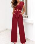 PRETTYGARDEN Women's Summer 2 Piece Outfits 2026 Cap Sleeve V Neck Belted Crop Tops Wide Leg Pant Sets Casual Tracksuit(Solid Wine Red,Small)