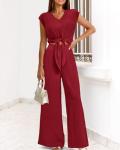 PRETTYGARDEN Women's Summer 2 Piece Outfits 2026 Cap Sleeve V Neck Belted Crop Tops Wide Leg Pant Sets Casual Tracksuit(Solid Wine Red,Small)
