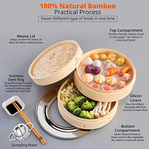 Bamboo 2-Tier Steamer Basket Set - 10-Inch Asian Cuisine