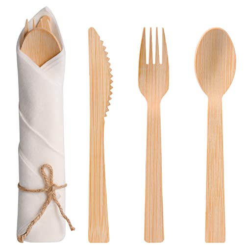 Biodegradable Bamboo Cutlery Set with Pre Rolled Napkins
