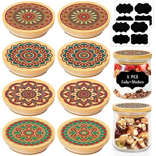 8 Pack Bamboo Yogurt Jar Lids with Mandala Patterns