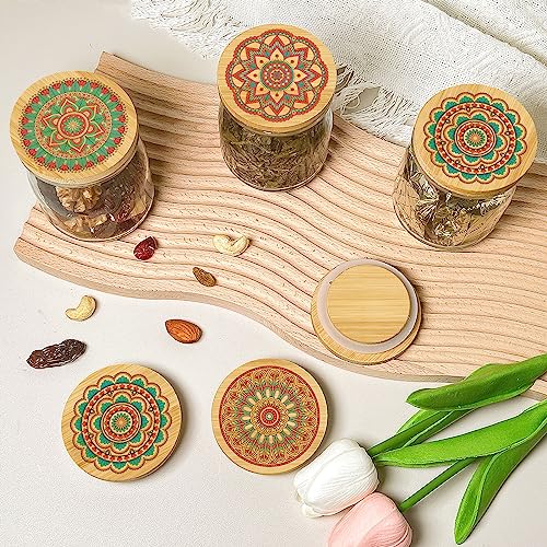 8 Pack Bamboo Yogurt Jar Lids with Mandala Patterns
