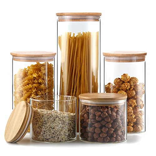 Set of 5 Glass Bamboo Lid Storage Jars