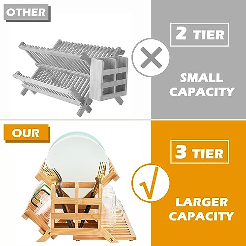 Collapsible Bamboo Dish Drying Rack, 3-Tier, Utensil Holder