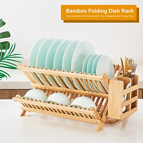 Collapsible Bamboo Dish Drying Rack, 3-Tier, Utensil Holder