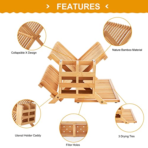 Collapsible Bamboo Dish Drying Rack, 3-Tier, Utensil Holder