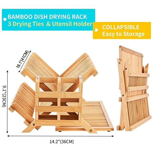 Collapsible Bamboo Dish Drying Rack, 3-Tier, Utensil Holder