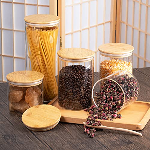 Set of 5 Glass Bamboo Lid Storage Jars